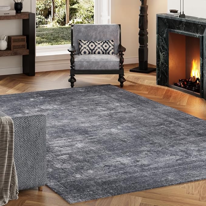 4x6 Area Rugs Light Grey Washable Rug for Living Room, Dining Room, Bedroom, Large Carpets, Non Slip & Non-Shedding Low Pile Vintage Print Rug for Home Office Decor