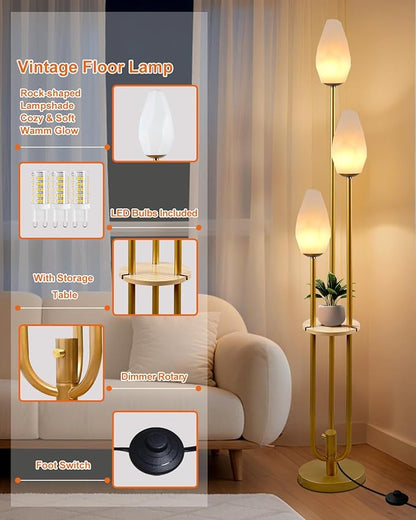 Gold Floor Lamp with Tray, 3-Lights Dimmable Floor Lamps with Rock-Shaped Shade, Unique Candle Holder Style Modern Tall Standing Lamp with 5Lbs Heavy Base for Living Room/Party(Bulbs Included)