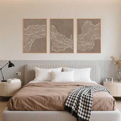 Abstract Line Wave Framed Canvas Wall Art Set, Geometric White Tan Art Painting, Modern Minimalism Wall Decor, Neutral Art Print for Living Room, Bedroom, Dining Room, Office-16 x24 x3