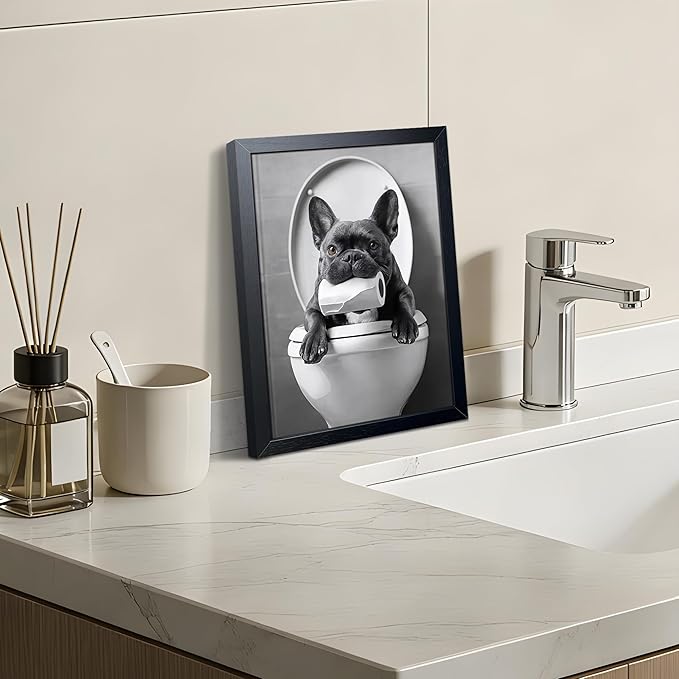 Funny French Bulldog Bathroom Canvas Wall Art, Black and White Frenchie Poster Decor, Cute Puppy Toilet Painting Print Picture Wall Decor for Farmhouse Restroom Washroom Home Decoration 8x10 Inch Framed