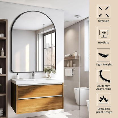 FORBATH Arched Mirror 36x48 Inch, Bathroom Mirror Wall Mounted Modern Black Aluminum Alloy Frame Decor Large Dresser, for Bedroom Living Room Entryway, Hanging or Leaning Against Wall