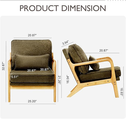 MALOL Accent Chair with Solid Wood Frame, Mid-Century Relaxing Armchair Lumbar Pillow& Soft Cushion, Reading Leisure Chair for Living Room, Bedroom, Waiting Room-Green