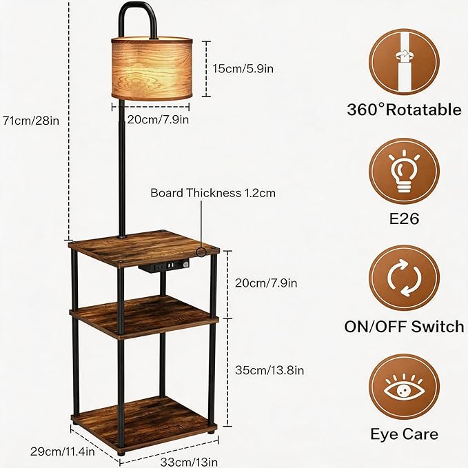 Floor Lamp with Table, Shelves, Side Table with USB Charging Port and Outlet, Modern Bedside Nightstand End Table with Lamp for Living Room, Bedroom, Guest Room, Bulb Included, Wood Grain