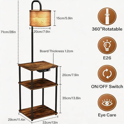 Floor Lamp with Table, Shelves, Side Table with USB Charging Port and Outlet, Modern Bedside Nightstand End Table with Lamp for Living Room, Bedroom, Guest Room, Bulb Included, Wood Grain
