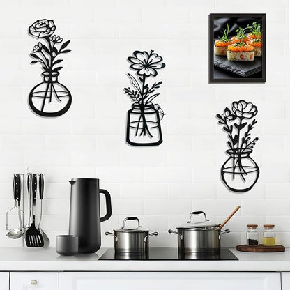 Lcaughsy Metal-Wall-Decor Living Room - 3 Pcs Metal Bathroom Wall Art Floral Vase and Picture Frame for Decoration- Hanging Display Wall Decor Art for Home Dining Room Bedroom Kitchen Farmhouse,Black