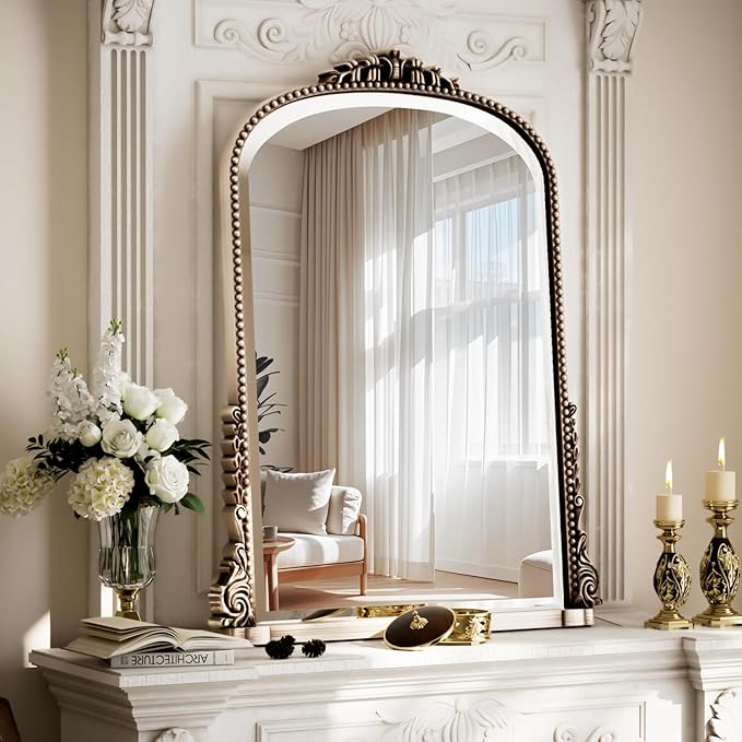 24"×32" Silver Wide Arched Wall Mirror, Vintage Carving Bathroom Vanity Makeup Mirror, as Wall Decor Hanging Leaning for Fireplace Mantle, Living Room, Bedroom, Vanity Area