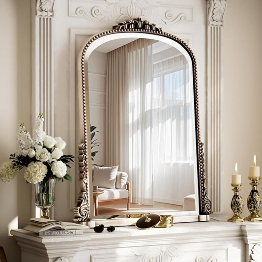 24"×32" Silver Wide Arched Wall Mirror, Vintage Carving Bathroom Vanity Makeup Mirror, as Wall Decor Hanging Leaning for Fireplace Mantle, Living Room, Bedroom, Vanity Area