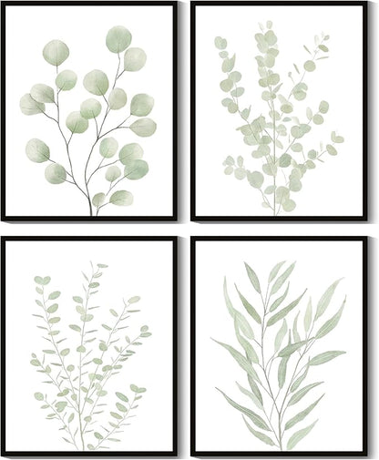 Drsoum Botanical Plant Framed Wall Art Boho Wall Decor for Bathroom Sage Green Eucalyptus Leaf Prints Minimalist Aesthetic Ready to Hang Set of 4, 11x14 in (Black Framed)