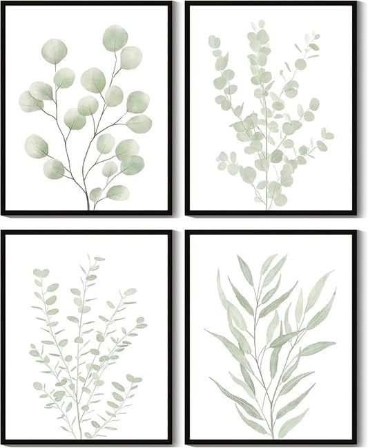 Drsoum Botanical Plant Framed Wall Art Boho Wall Decor for Bathroom Sage Green Eucalyptus Leaf Prints Minimalist Aesthetic Ready to Hang Set of 4, 11x14 in (Black Framed)