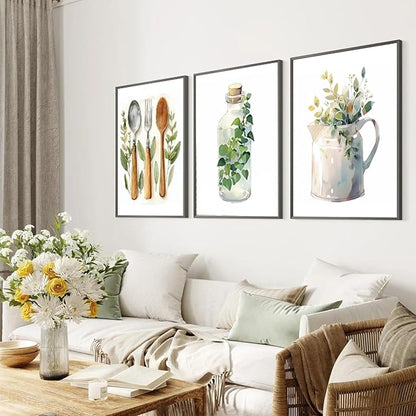 YFvrPt Boho Kitchen Poster Set of 3 Large Dining Room Canvas Wall Art Kitchen Sage Green Plants Botanical Wall Decor Minimalist Dining Room Prints Pictures Artwork Unframed 16x24 inch