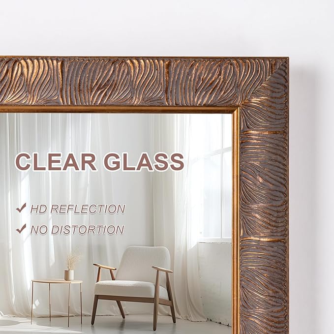 Chende Vintage Mirrors for Wall, 41'' x 29'' Bathroom Mirror with Feather Line Carving Wooden Frame, Retro Bronze Mirror for Living Room, Dining Room, Entryway