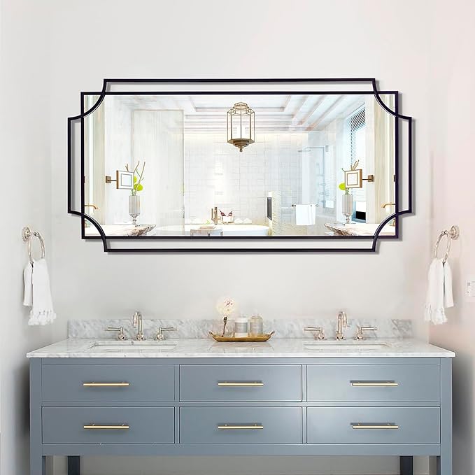 55'' x 28'' Large Modern Rectangular Wall Mirror, Black Frame with Scalloped Design, Living Room, Entryway, Bathroom Decor