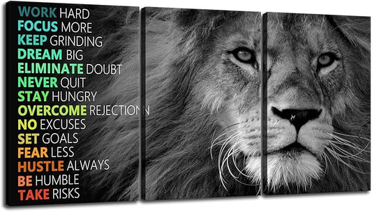 Inspirational Canvas Wall Art Lion 3 Pieces Poster Motivational Positive Wall Art Quotes Success Canvas Artwork Picture Print Framed for Home Office Living Room Gym Wall Decor [72''Wx 36''H]