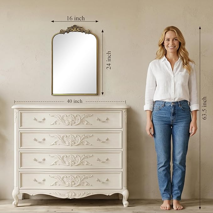 Gold Baroque Vintage Mirror for Vanity 24x16Inch Gold Antique with Ornate Frame, Arched Vintage Wall for Bathroom, Living Room, Fireplace, Entryway (Golden (Arched 7), 24"L x 16"W（Vertical ）)