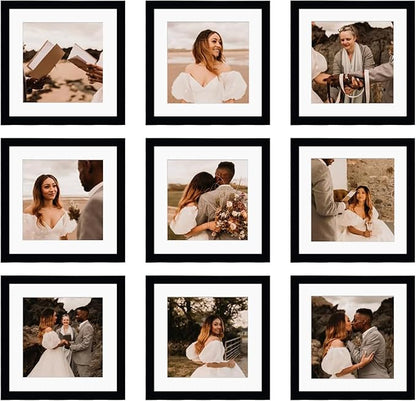 10x10 Picture Frame Set of 9, Display Pictures 8x8 with Mat or 10x10 without Mat, Multi Collage Gallery Square Photo Frames for Wall or Tabletop,Black