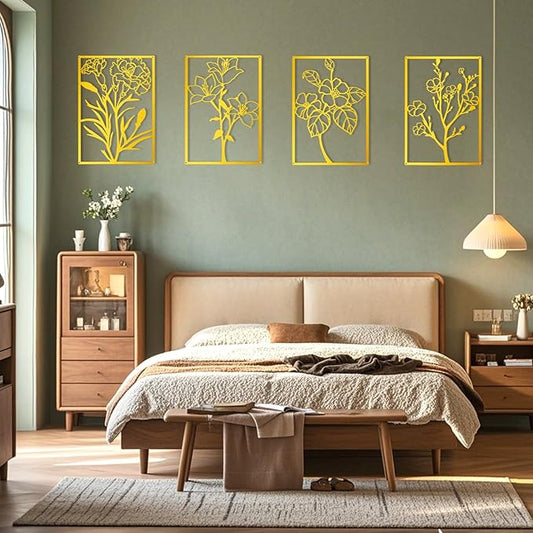 ZNZAPO 4 Pcs Large Gold Metal Flower Wall Art, Abstract Line Art Wall Decor, Minimalist Floral Wall Hanging Art, 3d Wall Art Sculptures Decor for Living Room Bedroom Bathroom (15.7 × 22.5”)