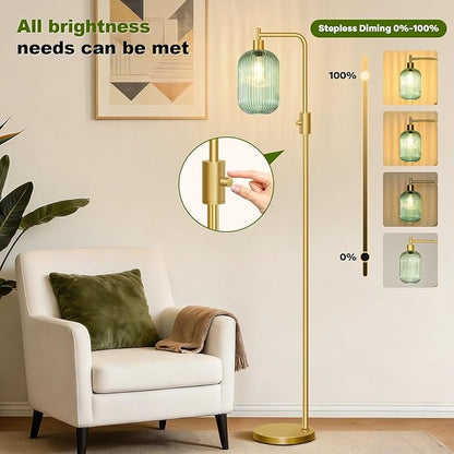 【Upgraded】 Dimmable Glass Floor Lamp for Living Room, Modern Gold Standing Lamp with Green Ribbed Glass Lampshade & Knob Dimmer, Arc Tall Lamp for Bedroom Office Reading Room, 2700K Led Bulb Included
