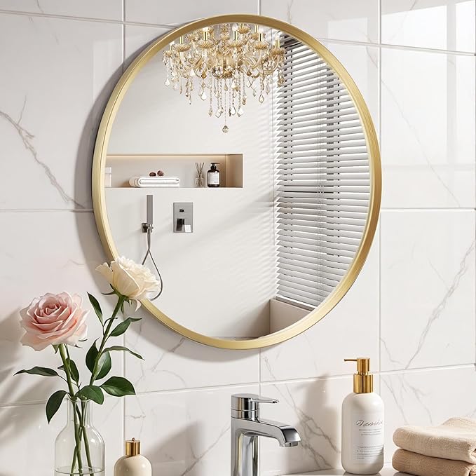 Brushed Large Gold Round Bathroom Mirror for Wall, 42 inch Gold Circle Mirror for Wall, New Frame Design, Tempered Glass,Wall Mounted Circle Mirror for Vanity, Entryway, Bedroom, Restroom 42"x42"