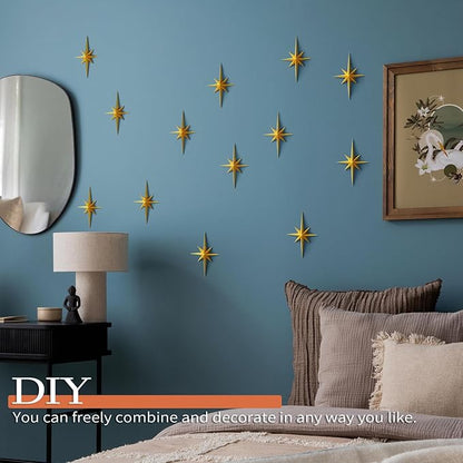 MidModArt 16PCS Mid Century Modern 3D Star Wall Art Gold Retro Starburst Sculptures Vintage Celestial Home Decor, Gold Starburst-Combo