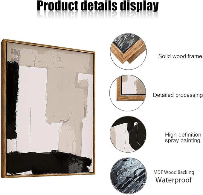 myusuar 3 Piece Large Modern Abstract Canvas Framed Wall Art For Living Room, Black And Beige Blocks Minimalist Wall Art Decor Posters Prints For Bedroom Office, 24x36in