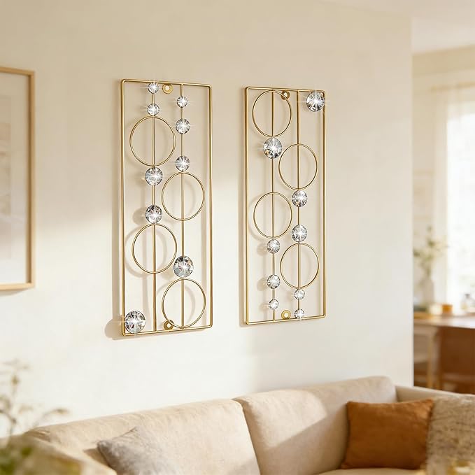 ZEXUIRU 2 Pack Bling Abstract Metal Wall Art Minimalist Line Jeweled Crystal Wall Decor Modern Geometric Rhinestone Hanging Wall Sculpture for Living Room Bedroom Bathroom Office