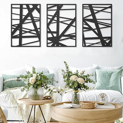DAYSUP 3 Pieces Black Abstract Metal Wall Art, Minimalist Décor Single Line Art Wall Décor, 3D Textured Metal Wall Sculptures for Living Room Home Decor Bedroom Bathroom Study (16 × 11 inch)