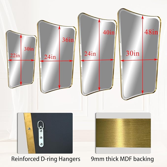 POZINO Brushed Gold Beveled Mirrors, 24"x40" Bathroom Vanity Mirror for Over Sink, Butterfly Shaped Mirrors Decorative, Modern Rectangle Aesthetic Wall Mirror for Living Room Bedroom Hallway Entryway