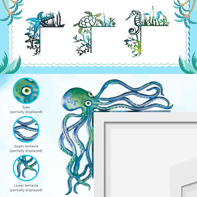2025 4PCS Sea Turtle Door Frame Decoration, Ocean Door Frame Decoration Set Metal Turtle Octopus Starfish for Window, Shelf, Table, and Corner Sign Home Décor Accent