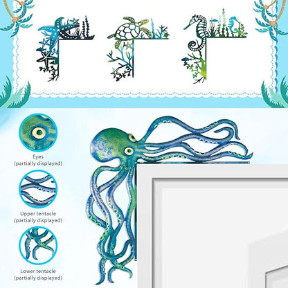 2025 4PCS Sea Turtle Door Frame Decoration, Ocean Door Frame Decoration Set Metal Turtle Octopus Starfish for Window, Shelf, Table, and Corner Sign Home Décor Accent