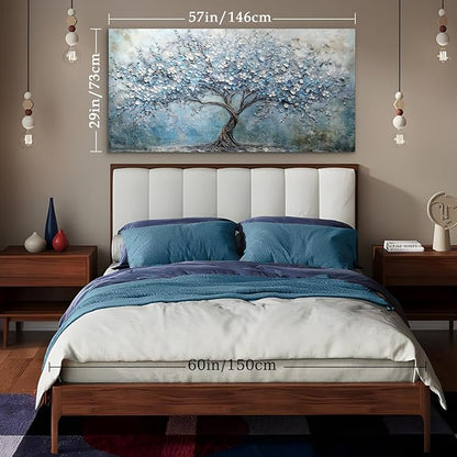 crmotu Tree of Life Large Wall Art for Living Room, Cherry Blossom Tree Abstract Art Prints Canvas Pictures, Modern Blue White Aesthetic Painting Bedroom Bathroom Home Office Wall Decor 29"X57"
