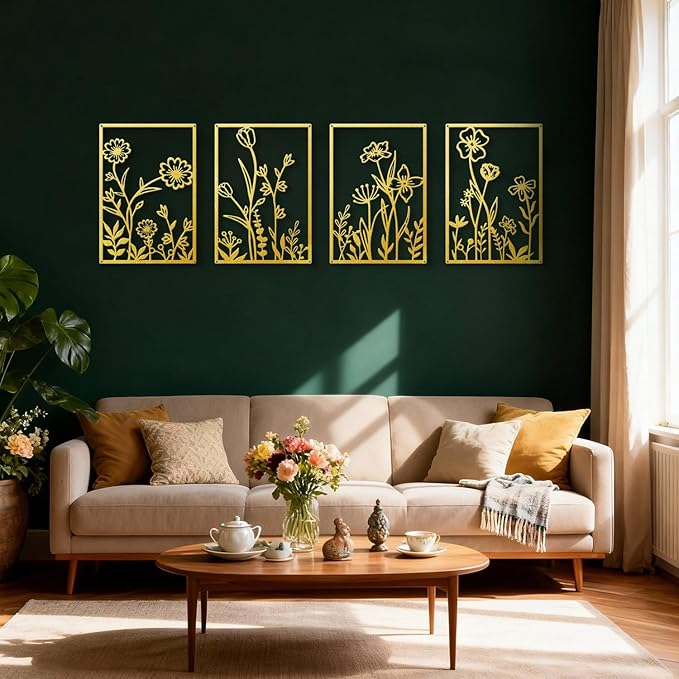 Sokurdeg Gold Metal Flowers Wall Decor, Minimalist Floral Metal Wall Hanging Art for Bedroom Bathroom Living Room (4 Pcs, 15.7 x 22.5 in)