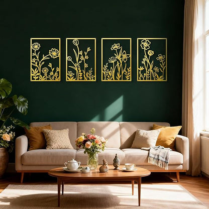 Sokurdeg Gold Metal Flowers Wall Decor, Minimalist Floral Metal Wall Hanging Art for Bedroom Bathroom Living Room (4 Pcs, 15.7 x 22.5 in)