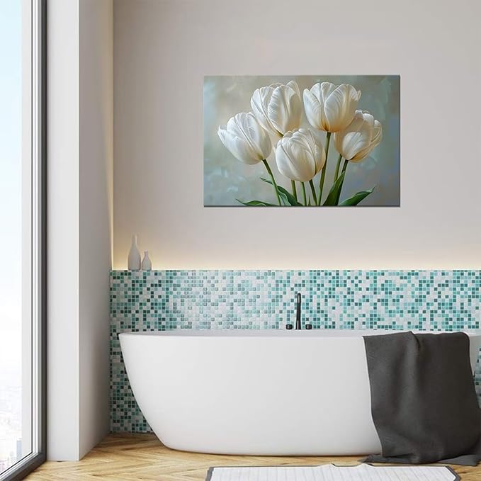 Flowers Wall Art White Tulips Bathroom Decor Modern Spring Floral Paintings Canvas Prints Artwork for Living Room Bedroom Home Decoration Framed