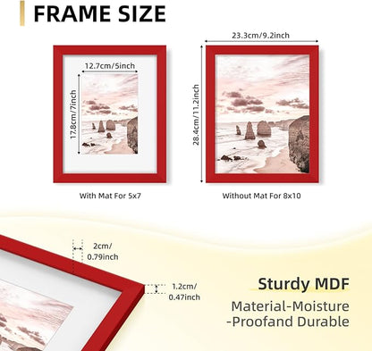 YESKAY 8x10 Picture Frame Set of 9, Display Pictures 5x7 with Mat or 8 x 10 Without Mat, Multi Photo Frames for Wall Mounting or Table Top Display, Red
