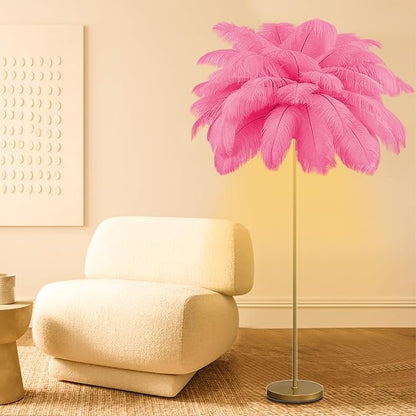 Feather Floor Lamp,Fluffy Ostrich Feather Floor Lamp for Bedroom,3 Color Temperatures Led Corner Modern Floor Lamps for Living Room Christmas Home Decor House Warming Gifts,63″ Height (Deep Pink)