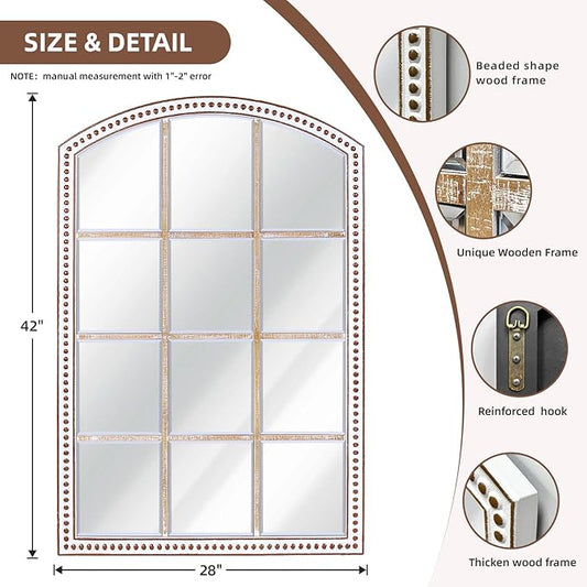 HOITUZYUS 42x28 Inch Farmhouse Arched Windowpane Wall Mirror, Rustic Decorative Mirrors for Living Room, Bedroom, Entryway, Hallway, Bathroom