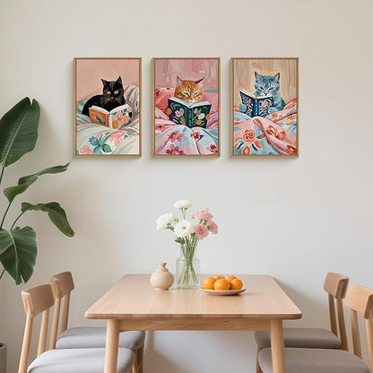HPNIUB Cute Reading Cat Framed Wall Art Set,Funny Black Cat Animal Book Wall Decor,Vintage Colorful Pink Aesthetic Art Print Artwork for Nursery Girls Bedroom,Bathroom,Office-16''x24''x3