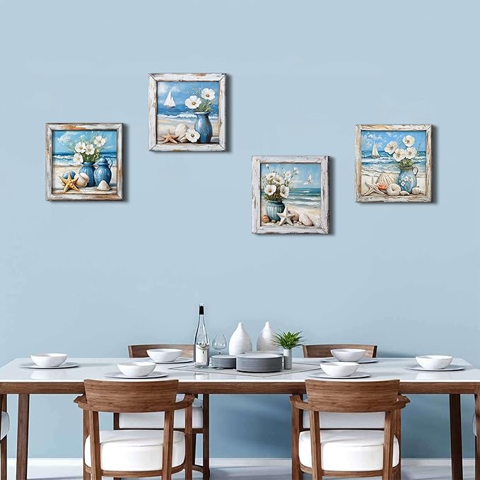 Coastal Wall Art Nautical Bathroom Decor Vintage Beach Theme Pictures Wall Art Vintage Beachy Paintings Canvas Prints Watercolor Flowers Posters Blue Seascape Framed Artwork Home Decorations 12x12”