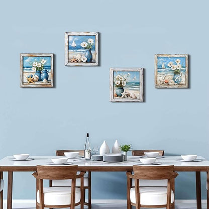 Coastal Wall Art Nautical Bathroom Decor Vintage Beach Theme Pictures Wall Art Vintage Beachy Paintings Canvas Prints Watercolor Flowers Posters Blue Seascape Framed Artwork Home Decorations 12x12”