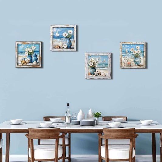 Coastal Wall Art Nautical Bathroom Decor Vintage Beach Theme Pictures Wall Art Vintage Beachy Paintings Canvas Prints Watercolor Flowers Posters Blue Seascape Framed Artwork Home Decorations 12x12”