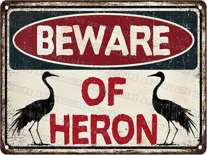 Heron Vintage Sign Warning Beware of Heron Metal Tin Sign for Men Home Decor tin Art Decor 12x16inch