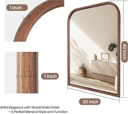 30"x40" Arch Wall Mirror Bathroom Mirror for Wall Mounted, Tempered Glass, Wood Grain Finish Frame Wall Mirror Decorative for Bedroom Living Room Entryway