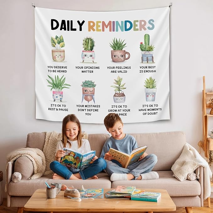 Daily Reminders Wall Tapestry, Cute Plant Mental Health Banner with Inspirational Quotes, Soft Flannel Tapestry Wall Hanging Decor for Bedroom Living Room,Kids Room Decoration 51x59 Inch (Colorful-Daily remingders)