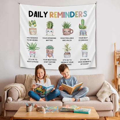 Daily Reminders Wall Tapestry, Cute Plant Mental Health Banner with Inspirational Quotes, Soft Flannel Tapestry Wall Hanging Decor for Bedroom Living Room,Kids Room Decoration 51x59 Inch (Colorful-Daily remingders)