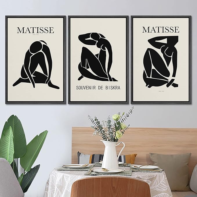 SIGNLEADER Framed Canvas Print Wall Art Set Duotone Matisse Nude Dancer Portrait Trio Abstract Shapes Illustrations Modern Art Boho Decorative for Living Room, Bedroom, Office - 16"x24"x3 BLACK