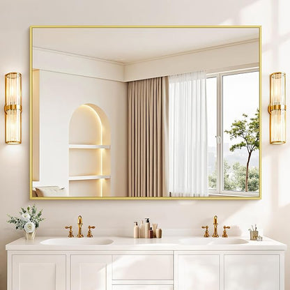 COFENY 36x48inch Bathroom Mirror, Gold Rectangle Mirror with Thin Metal Frame, Large Rectangular Wall Mirrors for Bathroom, Living Room, Hair Salon, Big Farmhouse Mirror Hang Horizontal/Vertical