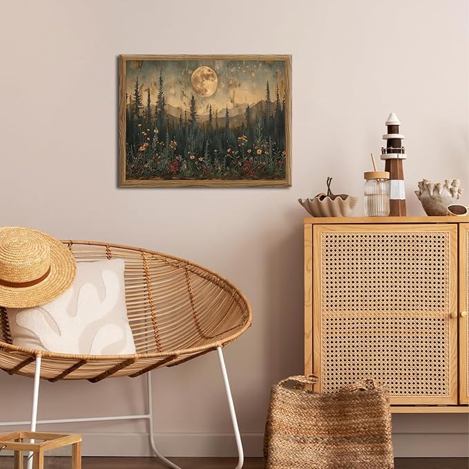 Vintage Nature Forest Wall Art Dark Moon Landscape Painting Wall Decor Woodland Picture Artwork 3D Textured Hand Drawn Sandstone for Farmhouse Bedroom Living Room 16x24 inch Wood Framed
