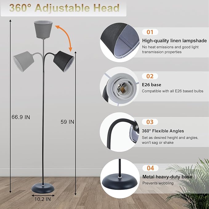 Floor Lamp, Industrial Metal Floor Lamps for Living Room with Adjustable Bendable 2 in 1 Reading Table Lamps for Living Room Bedroom Office (B+Black Shade)