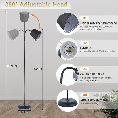 Floor Lamp, Industrial Metal Floor Lamps for Living Room with Adjustable Bendable 2 in 1 Reading Table Lamps for Living Room Bedroom Office (B+Black Shade)