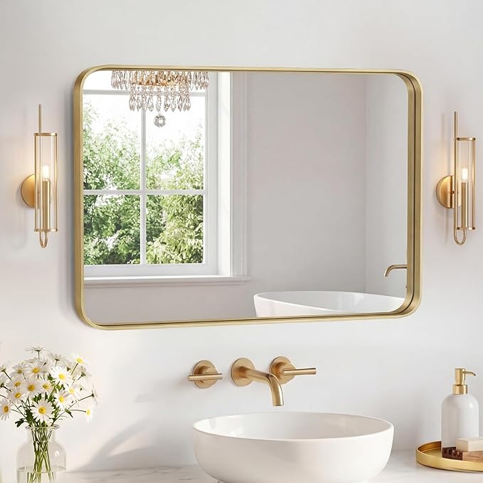 OLIXIS Bathroom Mirror for Over Sink, 24x32 Inch Wall Rounded Rectangle Mirror with Matte Metal Framed, Modern Wall Mount Vanity Mirror for Home Decor, Living Room, Bedroom, Gold